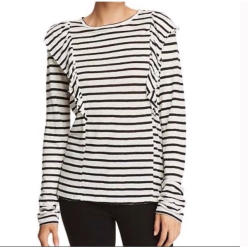 Frame Women’s Crewneck Striped White Black Linen Top w/ Ruffled Trim Size Small